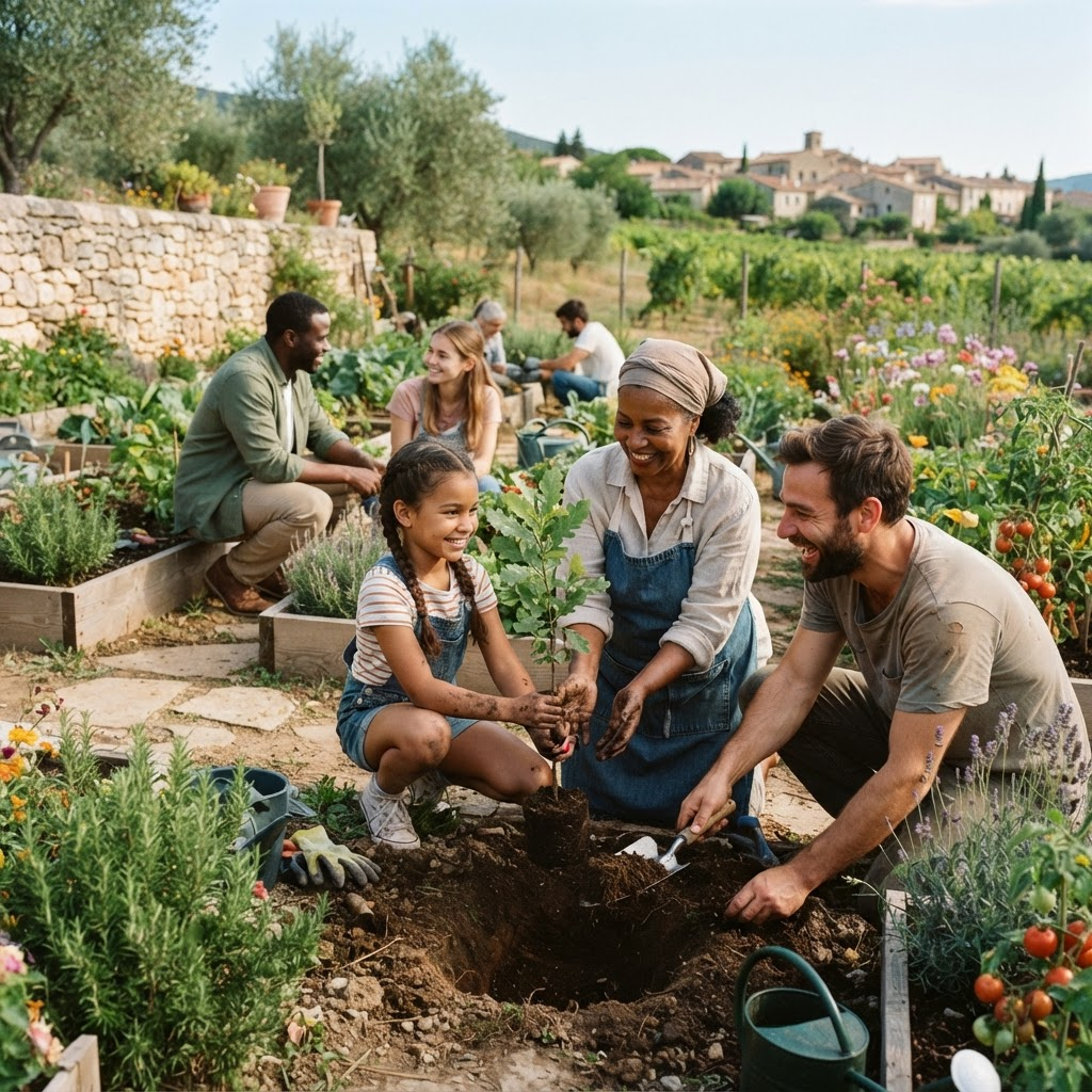 Volunteers planting a tree together in a community garden