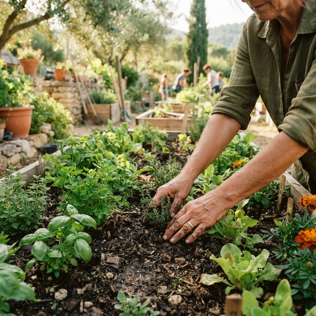 Hands caring for seedlings in a community garden